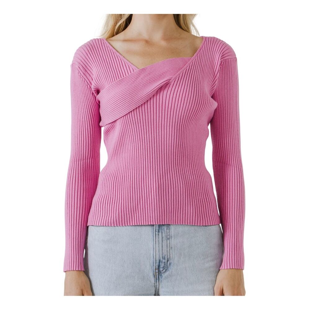 Endless Rose NEW Pink Ribbed Knit Wrap Long Sleeve Bright Versatile Cute Sweater